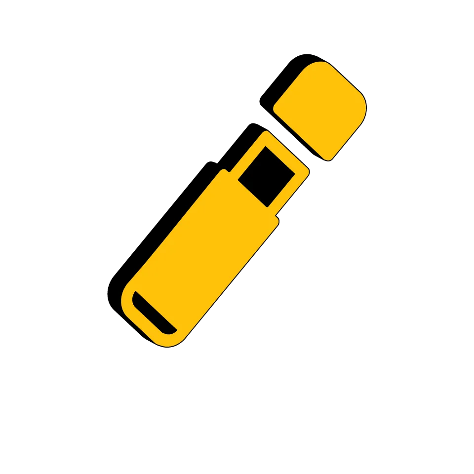 Żółty pendrive z otwartą klapką i czarnym bokiem na bezbarwnym tle